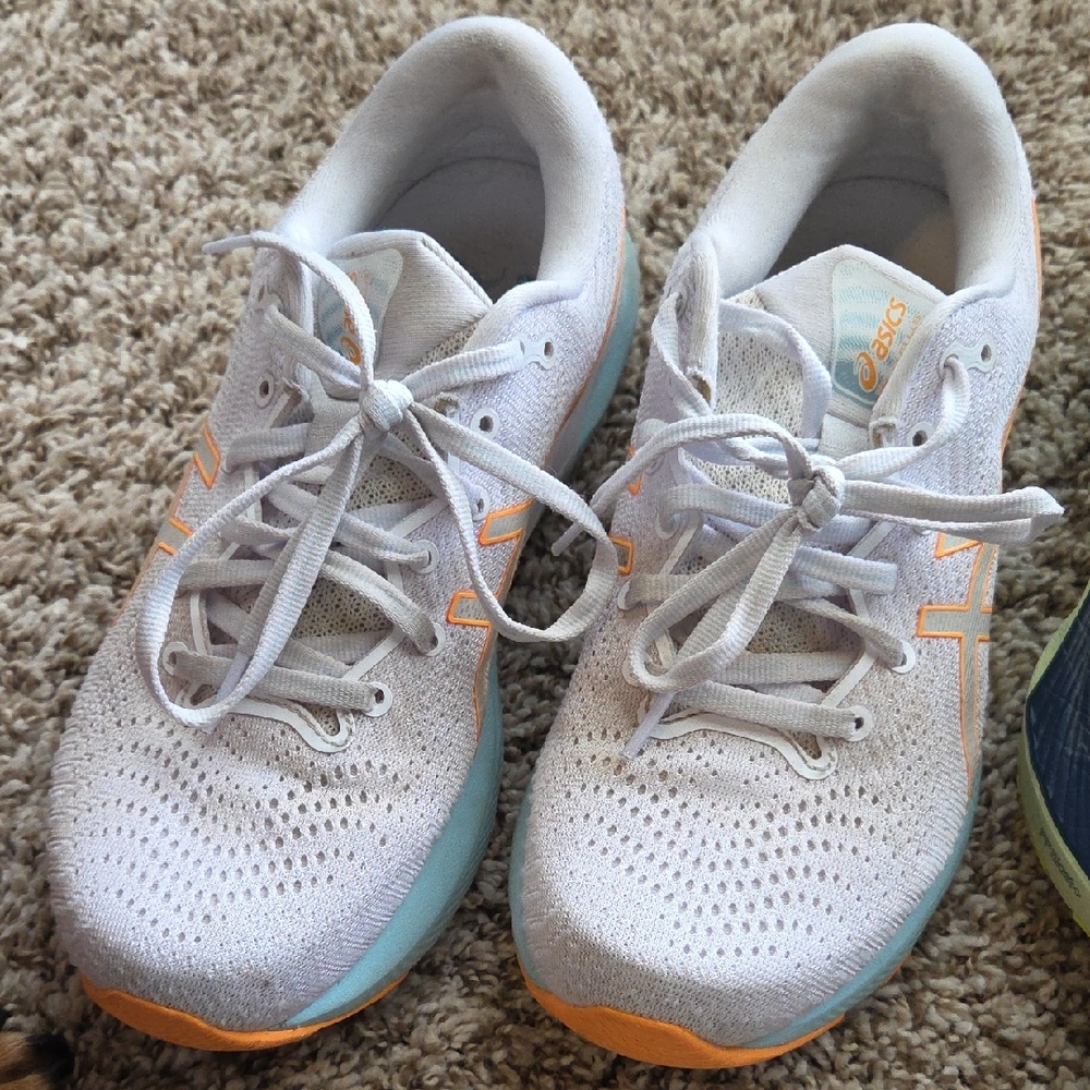 Asics White and Light Blue Sneakers with Orange Accents